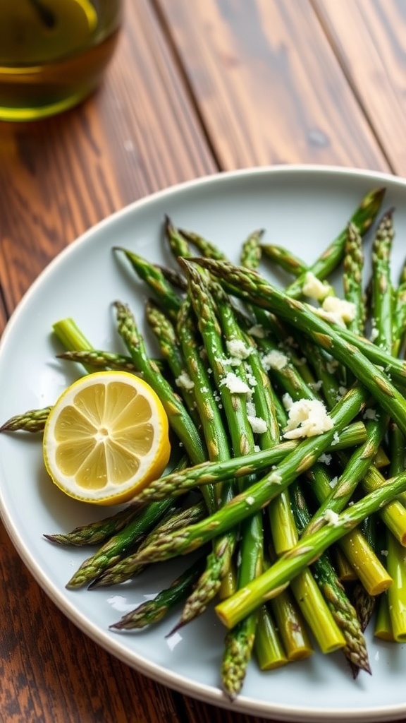 Plate of roasted asparagus with lemon and garlic on a wooden table.